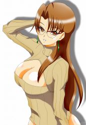 Rule 34 | 1girl, breasts, brown eyes, brown hair, cleavage, cleavage cutout, clothing cutout, earrings, glasses, highres, jewelry, kurise asuka (royalhouse), large breasts, long hair, meme attire, open-chest sweater, ribbed sweater, solo, sweater