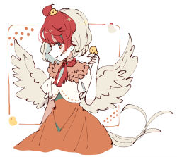 Rule 34 | 1girl, ahoge, animal, animal on head, arm at side, bird, bird tail, bird wings, blonde hair, chick, chicken, closed mouth, commentary, cropped legs, dress, feathered wings, fingernails, hand up, looking to the side, mozukuzu (manukedori), multicolored hair, neckerchief, niwatari kutaka, on head, orange dress, puffy short sleeves, puffy sleeves, red eyes, red hair, red neckerchief, short sleeves, smile, solo, tail, touhou, two-tone hair, vest, white vest, white wings, wings