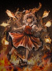 1girl achi_cirno alternate_color alternate_element alternate_wings bow cirno closed_mouth commentary detached_wings fiery_wings fire hair_bow highres long_hair looking_at_viewer orange_bow orange_eyes puffy_short_sleeves puffy_sleeves red_skirt red_vest shoes short_sleeves skirt solo symbol-only_commentary touhou vest wings zhuxie1264852