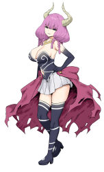 Rule 34 | 1girl, alternate breast size, aura (sousou no frieren), black gloves, breasts, cleavage, commentary, demon girl, demon horns, elbow gloves, full body, gloves, highres, horns, large breasts, looking at viewer, pink hair, revision, simple background, skirt, sky-freedom, smile, solo, sousou no frieren, thighhighs, thighs, white background, white skirt, zettai ryouiki
