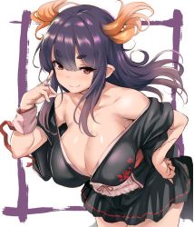 Rule 34 | 1girl, absurdres, bare shoulders, black hair, blush, breasts, character request, cleavage, clenched hand, collarbone, copyright request, fang, hand on own hip, highres, horns, japanese clothes, jewelry, kimono, kimono skirt, kztk, large breasts, leaning forward, long hair, looking at viewer, pointy ears, red eyes, ring, skirt, smile, solo, wrist cuffs