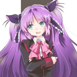 Rule 34 | 1girl, black jacket, blue eyes, blue ribbon, bow, commentary request, crossed arms, facing viewer, hair ribbon, happy birthday, jacket, little busters!, long hair, looking back, pink bow, purple hair, ribbon, sasasegawa sasami, school uniform, scp (9scp), sideways glance, solo, twintails