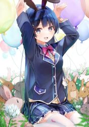 Rule 34 | 1girl, animal, animal ears, animal in clothes, animal print, arms up, black hair, black jacket, black skirt, blue eyes, bow, bowtie, brown vest, commentary, flower, grass, jacket, long hair, looking at viewer, nekozya1, nijisanji, on ground, pink bow, pink bowtie, plaid, plaid skirt, plant, rabbit, rabbit ears, rabbit pose, rabbit print, school uniform, shirt, skirt, smile, sweat, thighhighs, too many, too many balloons, too many rabbits, tsukino mito, tsukino mito (1st costume), vest, virtual youtuber, white shirt, white thighhighs