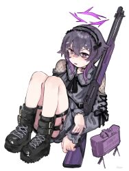 Rule 34 | 1girl, absurdres, alternate costume, bandaid, bandaid on face, bandaid on nose, black choker, black footwear, black hair, blue archive, boots, choker, gradient hair, gun, hair between eyes, hair ornament, hairband, hairclip, halo, haruka (blue archive), highres, holding, holding gun, holding weapon, kuro4221, lolita hairband, long sleeves, multicolored hair, nail polish, o-ring, o-ring thigh strap, parted lips, purple eyes, purple hair, purple nails, shotgun, simple background, sitting, solo, sweat, thigh strap, weapon, white background