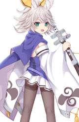 Rule 34 | 1girl, :d, azur lane, blue cape, blue shirt, blush, brown pantyhose, cape, commentary request, detached sleeves, green eyes, grey hair, hair between eyes, hair ribbon, holding, holding sheath, katana, kitakaze (azur lane), long sleeves, looking at viewer, looking back, multicolored cape, multicolored clothes, open mouth, pantyhose, pleated skirt, revision, ribbon, sheath, sheathed, shirt, simple background, skirt, sleeves past wrists, smile, solo, standing, sword, thighband pantyhose, tukino neru, weapon, white background, white cape, white skirt, white sleeves, wide sleeves, yellow ribbon
