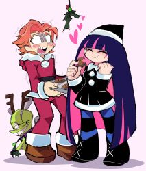 Rule 34 | absurdres, brief (psg), chuck (psg), highres, ink (ink01 ), mistletoe, panty &amp; stocking with garterbelt, pink background, simple background, stocking (psg), striped clothes, striped thighhighs, thighhighs