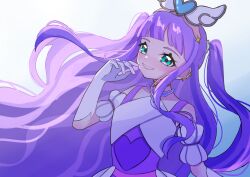 Rule 34 | 1girl, aqua eyes, brooch, cure majesty, dress, earclip, elbow gloves, gloves, heart, heart print, highres, hirogaru sky! precure, jewelry, kuukou (user zexk2828), long hair, looking at viewer, magical girl, precure, purple dress, purple hair, simple background, smile, solo, upper body, white background, white gloves, wing brooch, wing hair ornament