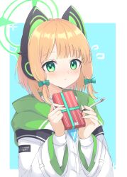 Rule 34 | 1girl, animal ear headphones, animal ears, blonde hair, blue archive, blush, bow, box, cat ear headphones, commentary, expressionless, fake animal ears, flying sweatdrops, gift, gift box, green eyes, hair bow, halo, headphones, highres, holding, holding gift, holding pen, hood, hoodie, long sleeves, looking at viewer, midori (blue archive), necktie, pen, preste, short hair, solo, upper body