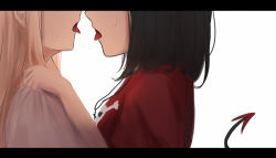 Rule 34 | 2girls, after kiss, black hair, blonde hair, cross, cross necklace, demon tail, head out of frame, highres, jewelry, latin cross, letterboxed, long hair, multiple girls, necklace, original, red shirt, saliva, saliva trail, shimmer, shirt, short sleeves, simple background, skull and crossbones, sweat, tail, tail raised, tongue, tongue out, white background, white shirt, yuri