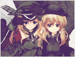 Rule 34 | 10s, 2girls, anchor hair ornament, armor, bare shoulders, bismarck (kancolle), blonde hair, blouse, blue eyes, breastplate, breasts, cannon, cross, detached sleeves, gloves, hair ornament, hat, iron cross, kantai collection, long hair, long sleeves, military, military hat, military uniform, multiple girls, peaked cap, prinz eugen (kancolle), shirt, smile, turret, twintails, uniform, windhide