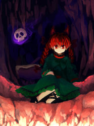 Rule 34 | 1girl, akaiha (akaihagusk), animal ears, bad id, bad pixiv id, black bow, black ribbon, bow, braid, cat ears, cave, closed mouth, dress, extra ears, eyebrows, fire, frilled dress, frilled sleeves, frills, from below, green dress, hair bow, hair ribbon, hand on lap, juliet sleeves, kaenbyou rin, leg ribbon, light, long hair, long sleeves, no lineart, puffy sleeves, red eyes, red hair, ribbon, sitting, skull, smile, solo, touhou, twin braids, twintails, underground