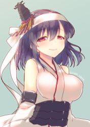 Rule 34 | 10s, 1girl, armor, bad id, bad nicoseiga id, bare shoulders, black hair, blush, breasts, detached sleeves, hair between eyes, hair ornament, headband, highres, japanese clothes, kantai collection, looking at viewer, nontraditional miko, red eyes, short hair, simple background, smile, solo, tahya, twitter username, yamashiro (kancolle), yamashiro kai ni (kancolle)
