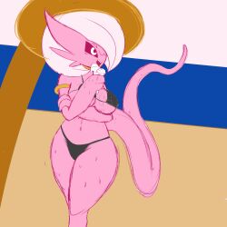 Rule 34 | 1girl, absurdres, armlet, beach, bikini, black bikini, black sclera, bob cut, brown hat, colored sclera, colored skin, creatures (company), day, dragonball z, eating, facial mark, fangs, female focus, fir3born, flat color, food, forehead mark, fusion, game freak, gardevoir, gen 3 pokemon, hair over one eye, hand up, happy, hat, highres, holding, holding food, holding ice cream, ice cream, ice cream cone, majin buu, nintendo, ocean, one eye covered, open mouth, outdoors, pink skin, pokemon, pokemon (creature), short hair, sketch, smile, solo, standing, string bikini, sun hat, sweat, swimsuit, tail, teeth, thick thighs, thighs, white eyes, white hair
