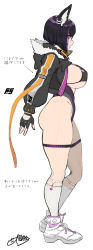 Rule 34 | 1girl, absurdres, animal ears, ass, bikini, black hair, breasts, cat ears, cat girl, commentary request, cropped jacket, from side, full body, highres, kneehighs, large breasts, leotard, long sleeves, multicolored hair, ookuma nekosuke, original, parted lips, purple hair, shoes, short sleeves, simple background, socks, solo, standing, streaked hair, swimsuit, teeth, thigh strap, translation request, two-tone hair, watermark, white background