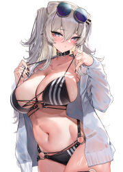 Rule 34 | bikini, black bikini, blush, breasts, closed mouth, coat, collarbone, commentary request, eyewear on head, grey eyes, grey hair, hair between eyes, hair ornament, hairclip, highres, hololive, large breasts, long hair, long sleeves, looking at viewer, lumium, nail polish, navel, o-ring, shishiro botan, simple background, standing, stomach, striped, sunglasses, swimsuit, vertical stripes, virtual youtuber, white background, white coat