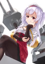 Rule 34 | 1girl, ajax (azur lane), azur lane, beret, black sleeves, blush, breasts, brown pantyhose, cannon, commentary request, crossed legs, detached sleeves, hair ornament, hairclip, hand up, hat, high-waist skirt, highres, long hair, long sleeves, looking at viewer, pantyhose, parted lips, pleated skirt, purple hair, red eyes, red skirt, shirt, sitting, skirt, sleeves past wrists, small breasts, solo, tsukiman, turret, two side up, very long hair, white hat, white shirt