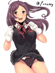 Rule 34 | 10s, 1girl, ahoge, bad id, bad pixiv id, black panties, blouse, bow, bow panties, breasts, brown eyes, crotch seam, gloves, hagikaze (kancolle), kantai collection, long hair, medium breasts, neck ribbon, open mouth, panties, pleated skirt, purple hair, purple panties, red ribbon, ribbon, school uniform, shirt, short sleeves, side ponytail, skirt, smile, solo, soo, underwear, vest, white gloves