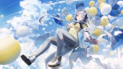 Rule 34 | ;), ahoge, ailis (anilive), balloon, blue sky, blush, boots, closed mouth, clothing cutout, cloud, commentary, dot nose, dress, english commentary, fingernails, full body, goggles, goggles on head, grey pantyhose, headphones, heart balloon, highres, holding, holding balloon, izumo lab, one eye closed, pantyhose, see-through clothes, see-through sleeves, shoelaces, sky, smile, star balloon, twintails, white footwear, white hair, yellow dress, yellow eyes, yellow nails, yukai nao