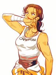 Rule 34 | 1girl, aperture science handheld portal device, blood, breasts, chell, female focus, jumpsuit, jumpsuit around waist, nosebleed, ponytail, portal (series), saiko67, simple background, solo, tank top, white background