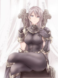 Rule 34 | 1girl, abs, armor, biceps, black gloves, black legwear, blue eyes, bodysuit, boots, breasts, chair, closed mouth, crossed legs, curtains, earrings, frown, gloves, grey hair, hair between eyes, head wings, highres, jewelry, long hair, looking at viewer, muscular, on chair, original, pauldrons, shoulder armor, sitting, solo, taut clothes, thighs, toned, touma kisa, wings