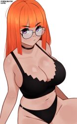 1girl aged_up artist_name belly bikini black_bikini black_choker breasts choker cleavage collarbone curvy eyebrows female_focus glasses highleg highleg_bikini highres large_breasts lilatole looking_at_viewer midriff navel orange_hair patreon_username persona persona_5 purple_eyes sakura_futaba simple_background sitting solo source_request staring swimsuit tagme thick_thighs thighs unamused white_background