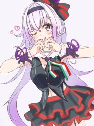 Rule 34 | .live, 1girl, breasts, carro pino, cleavage, commentary request, headband, heart, heart hands, long hair, navel, one eye closed, purple eyes, purple hair, simple background, sleeveless, smile, solo, virtual youtuber, white background