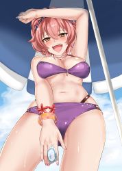 Rule 34 | 1girl, absurdres, arm up, bare shoulders, beach umbrella, bikini, blue sky, blush, bracelet, breasts, cleavage, condom, condom wrapper, day, demio, eyelashes, hair between eyes, highres, hip focus, idolmaster, idolmaster cinderella girls, jewelry, jougasaki mika, large breasts, long hair, looking at viewer, nail polish, navel, necklace, open mouth, pink hair, pink nails, ponytail, purple bikini, sky, smile, solo, swimsuit, thighs, umbrella, wet, yellow eyes