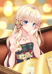 Rule 34 | 1girl, :t, bare arms, bare shoulders, blonde hair, blue eyes, blush, bow, breasts, brown bow, christmas, cleavage, closed mouth, collarbone, couch, cup, dress, drinking glass, from outside, hair bow, hands up, highres, iseshi, jewelry, long hair, looking at viewer, medium breasts, necklace, on couch, princess connect!, red dress, saren (christmas) (princess connect!), saren (princess connect!), solo, strapless, strapless dress, table, very long hair, water