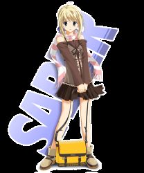 Rule 34 | 00s, 1girl, artoria pendragon (all), artoria pendragon (fate), blonde hair, boots, casual, character name, fate/stay night, fate (series), fujitsuki, full body, miniskirt, official alternate costume, pleated skirt, saber (fate), scarf, skirt, solo, standing, striped clothes, striped scarf, transparent background