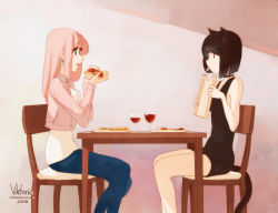 Rule 34 | 2girls, animal ears, artist name, bare arms, bare legs, black choker, black dress, black hair, blue eyes, cat ears, cat girl, cat tail, chair, choker, commentary, cropped jacket, cup, denim, dress, drinking glass, earrings, eating, english commentary, feet out of frame, food, from side, hands up, holding, holding food, indoors, jacket, jeans, jewelry, little viktoria, long hair, looking at another, multiple girls, open mouth, original, pants, pink hair, pink jacket, pizza, shirt, short hair, sitting, sleeveless, sleeveless dress, table, tail, watermark, web address, white shirt, wine glass
