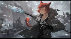 Rule 34 | 1boy, absurdres, alternate costume, animal ears, belt, black belt, black border, black gloves, black vest, border, braid, braided ponytail, building, cat boy, cat ears, cat tail, chinese commentary, coat, collarbone, day, facial mark, final fantasy, final fantasy xiv, from side, fur-trimmed coat, fur-trimmed hood, fur trim, g&#039;raha tia, gloves, grey coat, grey sky, hair ornament, highres, holding, holding staff, holding weapon, hood, hood down, hooded coat, lege bushi shiwu, looking at viewer, low ponytail, male focus, miqo&#039;te, motion blur, multiple belts, neck tattoo, outdoors, outstretched arm, parted lips, pocket, red eyes, red hair, ruins, serious, short hair, short ponytail, single braid, sky, slit pupils, snow, snowing, solo, staff, standing, swept bangs, tail, tattoo, tree, upper body, v-neck, vest, weapon, wind, winter clothes, winter coat, x hair ornament