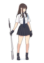 Rule 34 | 1girl, aiguillette, bayonet, black footwear, black gloves, blue eyes, brown hair, full body, genso, gloves, long hair, looking to the side, miniskirt, necktie, original, pleated skirt, shirt, shirt tucked in, short sleeves, simple background, skirt, solo, standing, straight hair, weapon, white background, white shirt