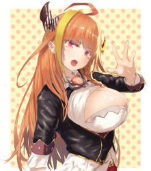 Rule 34 | 1girl, ahoge, black bow, black hairband, black jacket, blonde hair, blouse, blunt bangs, blush, border, bow, bowtie, braid, breasts, bright pupils, brooch, chain, chain necklace, cleavage, cleavage cutout, clothing cutout, collared shirt, diagonal-striped bow, dragon girl, dragon horns, fang, from side, gradient eyes, hair ornament, hairband, hololive, horn bow, horn ornament, horns, jacket, jewelry, kiryu coco, kiryu coco (1st costume), large breasts, long hair, looking at viewer, misago (525), multicolored bow, multicolored eyes, multicolored hair, necklace, open hand, open mouth, orange hair, pointy ears, polka dot, polka dot background, purple eyes, red eyes, shiny skin, shirt, side braid, single braid, solo, streaked hair, striped, upper body, virtual youtuber, white border, white bow, white shirt
