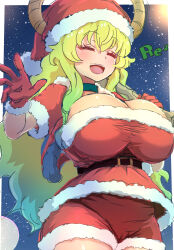 Rule 34 | 1girl, bag, breasts, cameltoe, christmas, cleavage, closed eyes, dragon girl, dragon horns, dress, eyelashes, female focus, gloves, hat, highres, holding, holding bag, horns, huge breasts, kobayashi-san chi no maidragon, long hair, lucoa (maidragon), open mouth, red dress, red gloves, reiwa rerere, santa costume, santa hat, solo, standing, taut clothes, thick thighs, thighs