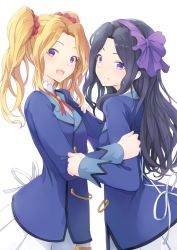 Rule 34 | 2girls, :d, aikatsu!, aikatsu! (series), bad id, bad pixiv id, black hair, blonde hair, blue jacket, closed mouth, daichi nono, double-breasted, hair ornament, hair ribbon, hair scrunchie, hairband, hand on another&#039;s arm, jacket, long hair, long sleeves, looking at viewer, looking to the side, multiple girls, neck ribbon, open mouth, pleated skirt, purple eyes, purple hairband, purple ribbon, red ribbon, red scrunchie, ribbon, ryuga (balius), scrunchie, shirakaba risa, sidelocks, simple background, skirt, smile, star (symbol), twintails, uniform, white background, white skirt