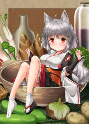 Rule 34 | 1girl, animal ears, blush, bottle, bowl, breasts, bridal gauntlets, cross-laced clothes, detached sleeves, food, in bowl, in container, inubashiri momiji, kei kei, kourindou tengu costume, large breasts, long sleeves, mini person, minigirl, obi, onion, potato, red eyes, ribbon-trimmed sleeves, ribbon trim, sandals, sash, short hair, silver hair, sitting, solo, tabi, tail, touhou, vegetable, wide sleeves, wolf ears, wolf tail