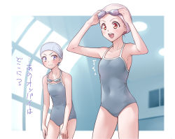 Rule 34 | 2girls, :d, ^^^, adjusting goggles, aikatsu! (series), aikatsu friends!, armpits, arms up, bare arms, bare legs, bare shoulders, blue hair, blue one-piece swimsuit, blurry, blurry background, blush, border, breast envy, breasts, closed mouth, collarbone, competition school swimsuit, competition swimsuit, covered navel, cowboy shot, depth of field, goggles, unworn goggles, hair up, halterneck, indoors, lamp, leaning forward, minato mio, multiple girls, ogry ching, one-piece swimsuit, open mouth, orange eyes, outside border, pink hair, poolside, purple eyes, round teeth, school swimsuit, sideboob, smile, surprised, sweatdrop, swim cap, swimsuit, teeth, upper teeth only, v-shaped eyebrows, white border, window, yuki aine