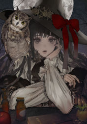 Rule 34 | 1girl, animal, apple, bird, black hair, book, bottle, bow, cork, flower, food, fruit, grey eyes, hand on own face, hat, hat bow, hat flower, head tilt, highres, long hair, long sleeves, looking at viewer, moon, nail polish, night, night sky, original, outdoors, owl, parted lips, plant, potted plant, red bow, rose, sankomichi, shirt, sky, table, tree, upper body, white shirt, witch, witch hat, yellow eyes