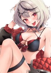 Rule 34 | 1girl, absurdres, bikini, black bikini, black choker, black hair, blush, breasts, choker, cleavage, commentary request, fang, heart, heart-shaped pupils, heart o-ring, highres, hololive, large breasts, layered bikini, looking at viewer, medium hair, mt mozuku, multicolored hair, o-ring, o-ring top, open mouth, red bikini, red eyes, sakamata chloe, simple background, solo, streaked hair, swimsuit, symbol-shaped pupils, thigh strap, tongue, tongue out, two-tone hair, virtual youtuber, wet, white background, white hair