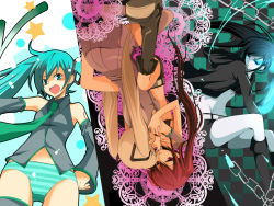 Rule 34 | 10s, bad id, bad pixiv id, black hair, black rock shooter, black rock shooter (character), blonde hair, blue eyes, boots, brown eyes, brown hair, chain, coat, detached sleeves, glowing, glowing eyes, hatsune miku, long hair, midriff, navel, necktie, pale skin, panties, sayo (mutuha), scar, shorts, spring onion, striped clothes, striped panties, thighhighs, twintails, underwear, vocaloid