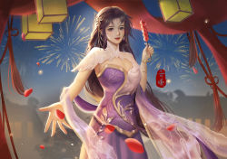 Rule 34 | 1girl, artist request, bracelet, curtains, dango, earrings, falling petals, fireworks, food, hagoromo, highres, jewelry, lantern, long hair, night, outstretched hand, petals, second-party source, shawl, solo, sparkle, tassel, two-tone dress, upper body, wagashi, wanmei shijie, yun xi (wanmei shijie)