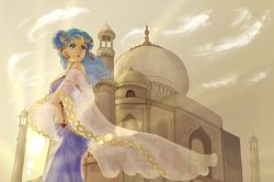Rule 34 | 1girl, arabian clothes, bare shoulders, blue eyes, blue hair, breasts, brown theme, cloud, dome, double bun, from below, hair ornament, harem pants, highres, jewelry, kida (zakuroishi), lens flare, long hair, looking up, matching hair/eyes, medium breasts, midriff, minaret, mosque, navel, original, pants, parted lips, princess, see-through, shawl, sky, solo, strapless, sunlight, tan, tube top
