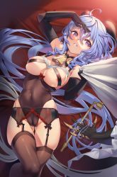 Rule 34 | 2girls, ahoge, areola slip, arm up, bare shoulders, bed sheet, bell, black gloves, black legwear, blue hair, blush, breasts, claw ring, clothes pull, commentary request, covered erect nipples, covered navel, cowbell, dai nikucho, elbow gloves, ganyu (genshin impact), garter belt, garter straps, genshin impact, gloves, gluteal fold, groin, highleg, highres, horns, large breasts, long hair, lying, multiple girls, ningguang (genshin impact), on back, on bed, out of frame, parted lips, purple eyes, skindentation, smile, smoking pipe, thighhighs, underbust, very long hair