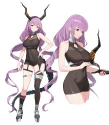 Rule 34 | 1girl, absurdres, arknights, asymmetrical legwear, black dress, black socks, black thighhighs, breasts, commentary, cropped legs, dragon girl, dragon horns, dragon tail, dress, english commentary, fake horns, frown, grey footwear, high heels, highres, horns, horns removed, jason kim, large breasts, long hair, mismatched legwear, multiple views, parted lips, red eyes, sidelocks, simple background, socks, tail, thigh strap, thighhighs, twintails, typhon (arknights), very long hair, white background