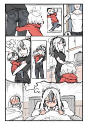 Rule 34 | 1girl, 2boys, aged up, blue archive, carrying, carrying person, comic, denim, dreaming, headpat, highres, hug, jeans, kayoko (blue archive), mother and son, multiple boys, open mouth, pajamas, pants, shirt, twitter, white hair