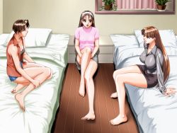 Rule 34 | 3girls, barefoot, bed, brown hair, escalation hardcore, inoue takuya, long hair, multiple girls, ogasawara kaoru, red hair, shimamura miki, short hair, tatsuki haruka