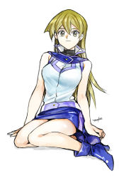 Rule 34 | 1girl, 203wolves, ankle boots, artist name, bad id, bad twitter id, bare arms, bare shoulders, belt, blonde hair, blue footwear, blue skirt, boots, breasts, buttons, closed mouth, commentary request, duel academy uniform (yu-gi-oh! gx), full body, high heel boots, high heels, highres, long hair, looking at viewer, medium breasts, miniskirt, signature, simple background, sitting, skirt, sleeveless, smile, solo, tenjouin asuka, turtleneck, white background, yellow eyes, yu-gi-oh!, yu-gi-oh! gx