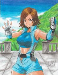 Rule 34 | 1girl, 2020, absurdres, armpits, artist name, belt, belt buckle, blue jumpsuit, blue top, breasts, brown eyes, brown hair, buckle, collarbone, cowboy shot, crop top, day, female focus, fingerless gloves, forest, gloves, highres, jumpsuit, kazama asuka, large breasts, midriff peek, nature, open clothes, outdoors, ravernclouk design, short hair, sky, sleeveless, sleeveless jacket, smile, solo, sports bra, tekken, thick thighs, thighs, traditional media, zipper