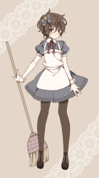 Rule 34 | 1boy, apron, black hair, broom, crossdressing, dress, full body, furrowed brow, hair between eyes, hair ribbon, high heels, holding, holding broom, looking at viewer, maid, maid apron, male maid, mizuki hajime, neck ribbon, pantyhose, pout, ribbon, short hair, simple background, striped clothes, striped dress, striped ribbon, tennis no ouji-sama, wavy hair, wrist cuffs, xxmlkxx
