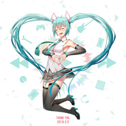 Rule 34 | 1girl, 2018, antenna hair, blue hair, blush, boots, breasts, dated, detached sleeves, closed eyes, floating hair, full body, geduan, grey footwear, grey skirt, hair between eyes, hatsune miku, heart, heart hair, heart hands, high heel boots, high heels, highres, long hair, miniskirt, necktie, open mouth, pleated skirt, shirt, simple background, skirt, sleeveless, sleeveless shirt, small breasts, smile, solo, tattoo, thank you, thigh boots, thighhighs, twintails, very long hair, vocaloid, white background, white shirt, zettai ryouiki